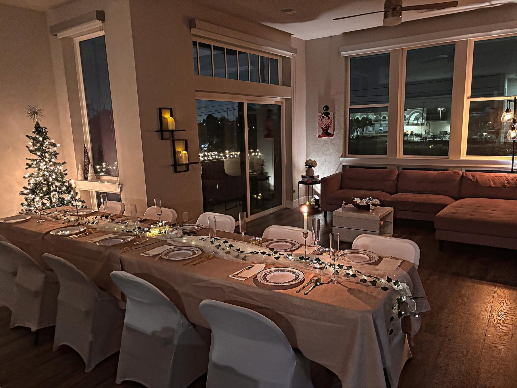 Finished customer-styled dinner event using Big W Rentals tables and chairs