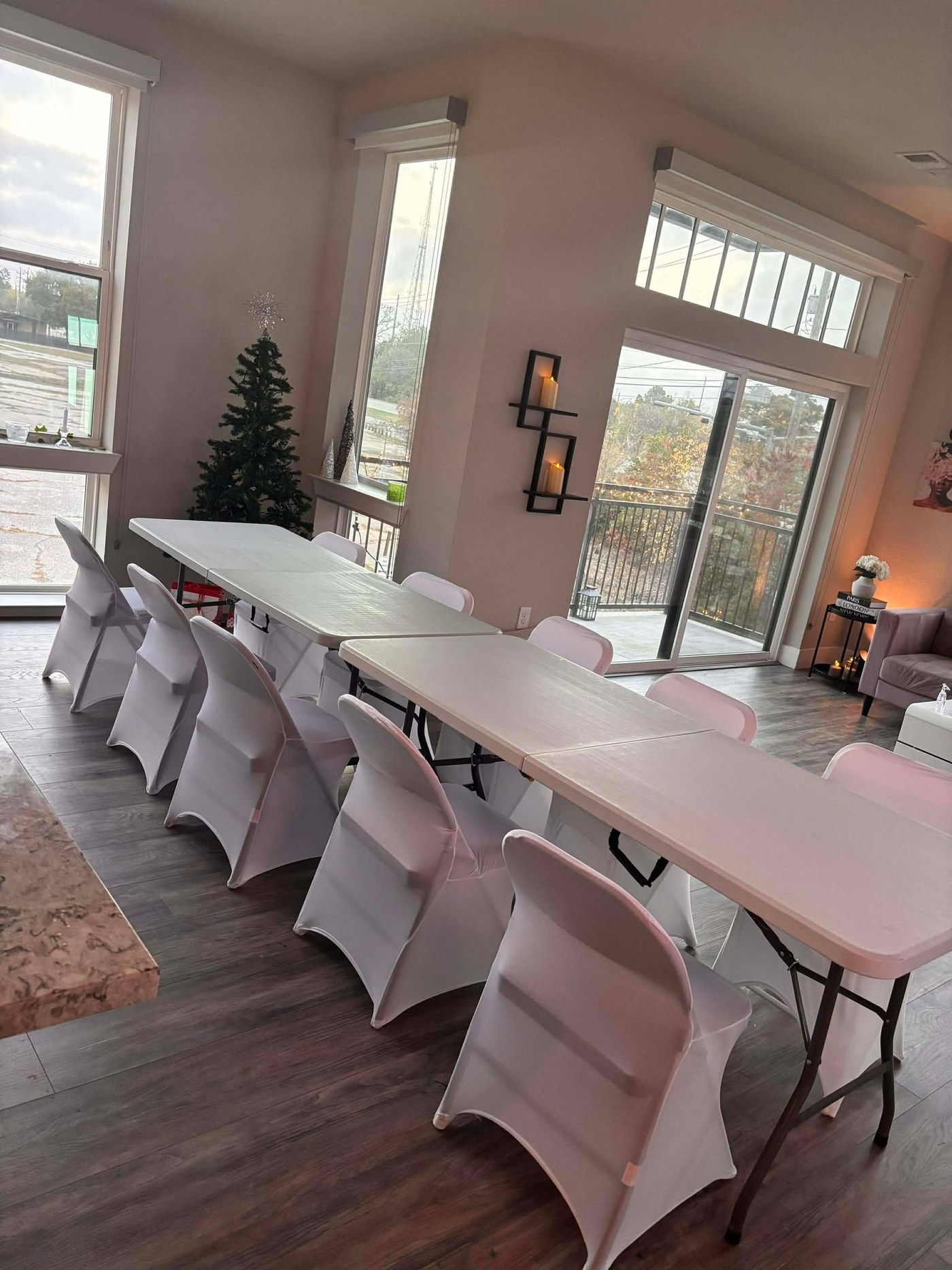 Big W Rentals tables and chairs arranged before customer event styling